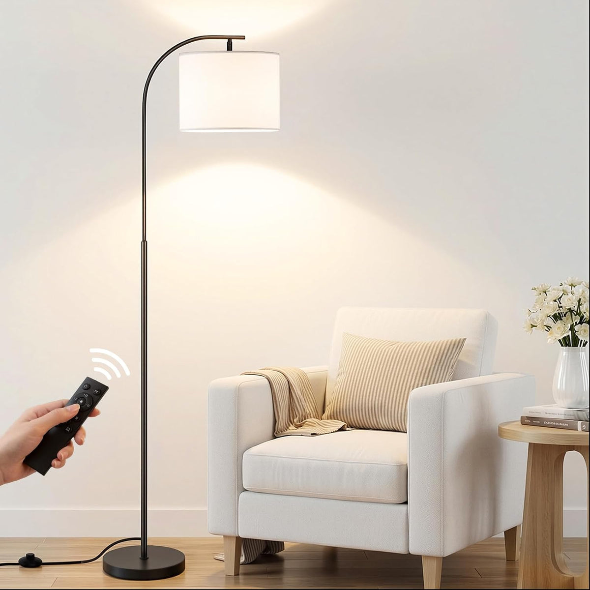 SIBRILLE Floor Lamp with Linen Shade, Arc Dimmable Tall Standing Lamp with Re...
