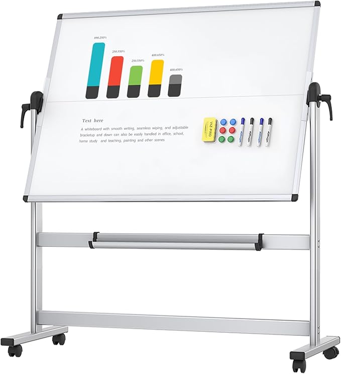 VIZ-PRO Double-Sided Mobile Whiteboard, 48 x 36 Inches, Magnetic Rolling Dry by VIZ-PRO