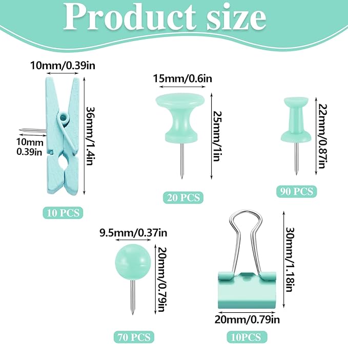 BESARME 200 Pieces Push Pins Set, 5 Types Green Thumb Tacks Cute Decorative - Image 2