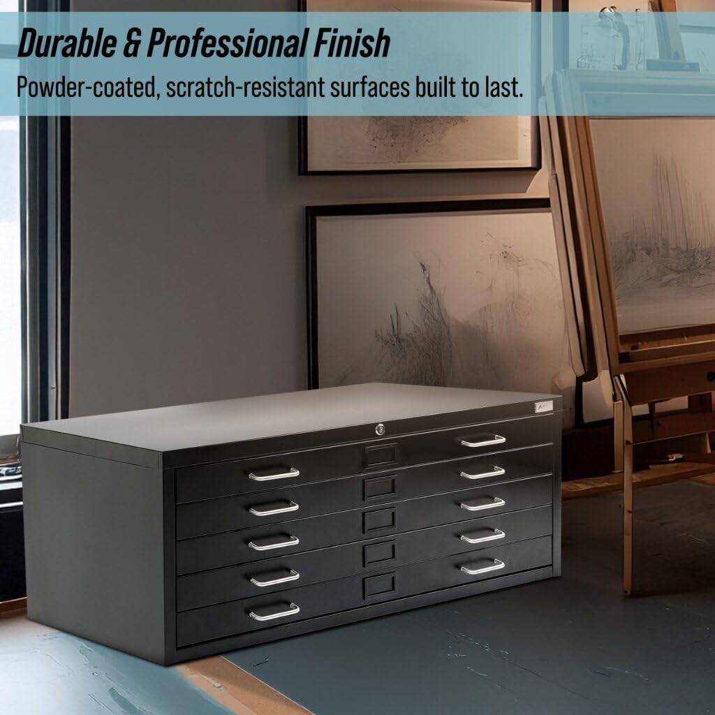 AdirOffice Flat File Cabinet - Heavy Duty 5-Drawer Blueprint Sheets Storage, 41" x 53" Great for Documents Sized 36” x 48”, Ideal for Artists, Art Files, Engineers, Architects, Offices - Black