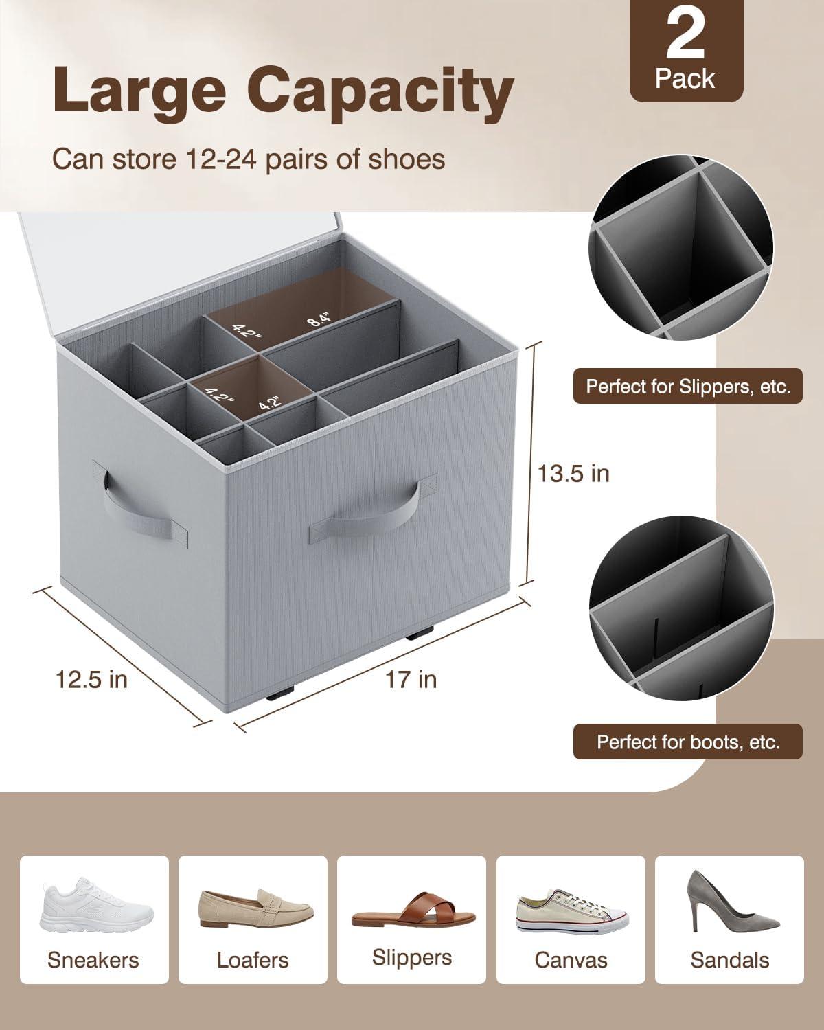 HOUSE AGAIN Shoe Organizer for Closet, 2 Pack Shoe Storage Organizer with Whe...