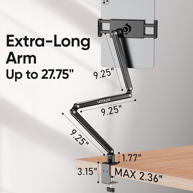 Urmust Tablet Stand for Desk, Adjustable iPad Holder Clamp Mount, 360° Rotation - Image 5