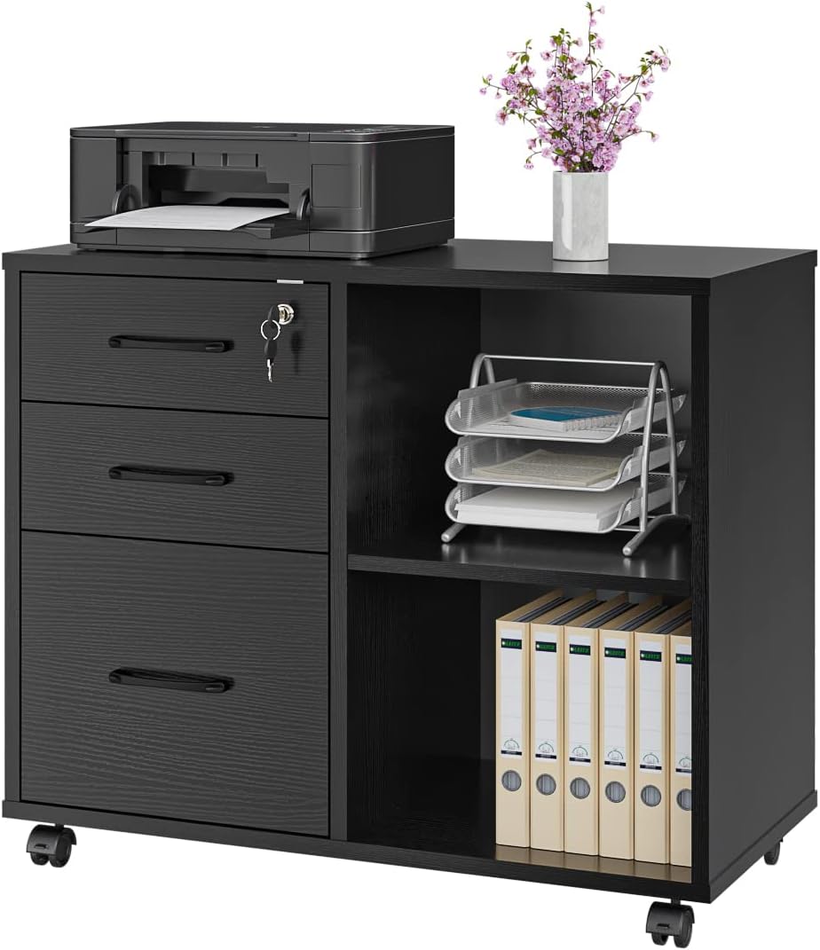 Panana 3 Drawer Office File Cabinets, Mobile Lateral Printer Stand with Open Storage Shelf, Rolling Filing Cabinet with Wheels Home Office Organization and Storage (Black)