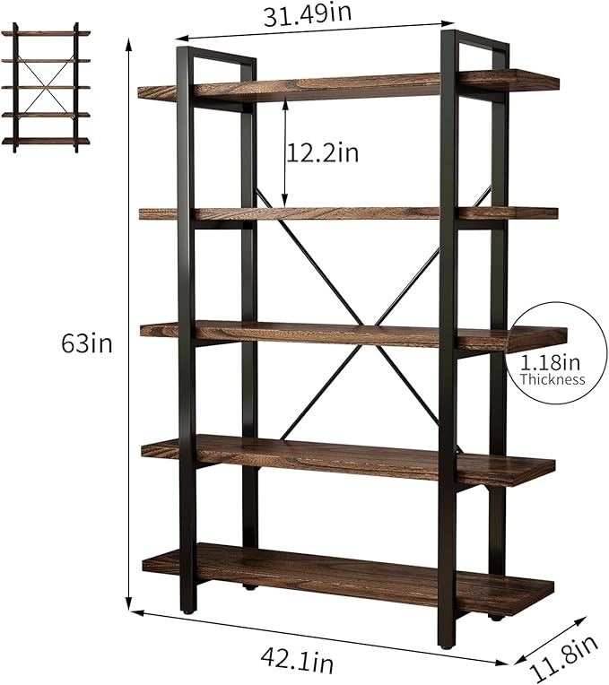 5-Tier Industrial Style Solid Wood Bookcase and Book Shelves, Rustic Wood and - Image 2
