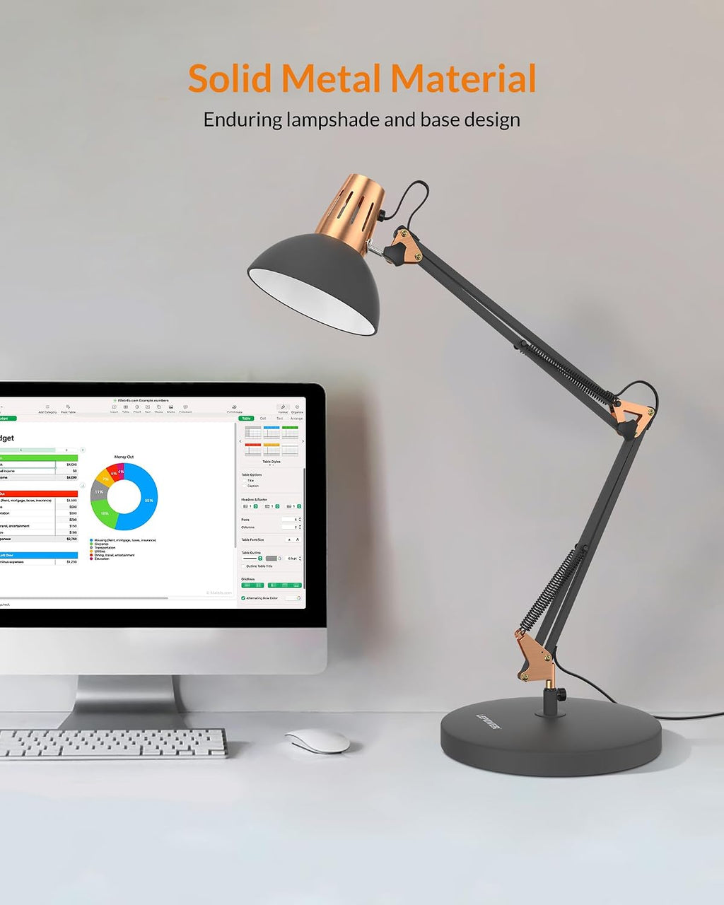 lepower metal adjustable desk lamp with clamp, swing, close-up detail