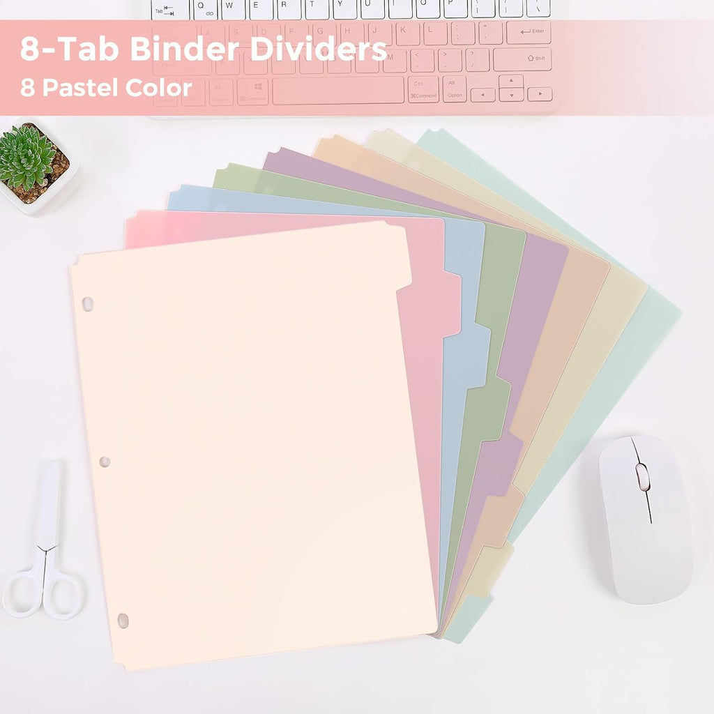 SKYDUE 8-Tab Write&Erase Plastic Dividers for 3 Ring Binder, 2sets | Binder Dividers with Tabs for Letter Size,with Sticker Labels,Divider Organizers for Student, Teacher,Pastels School Supplies