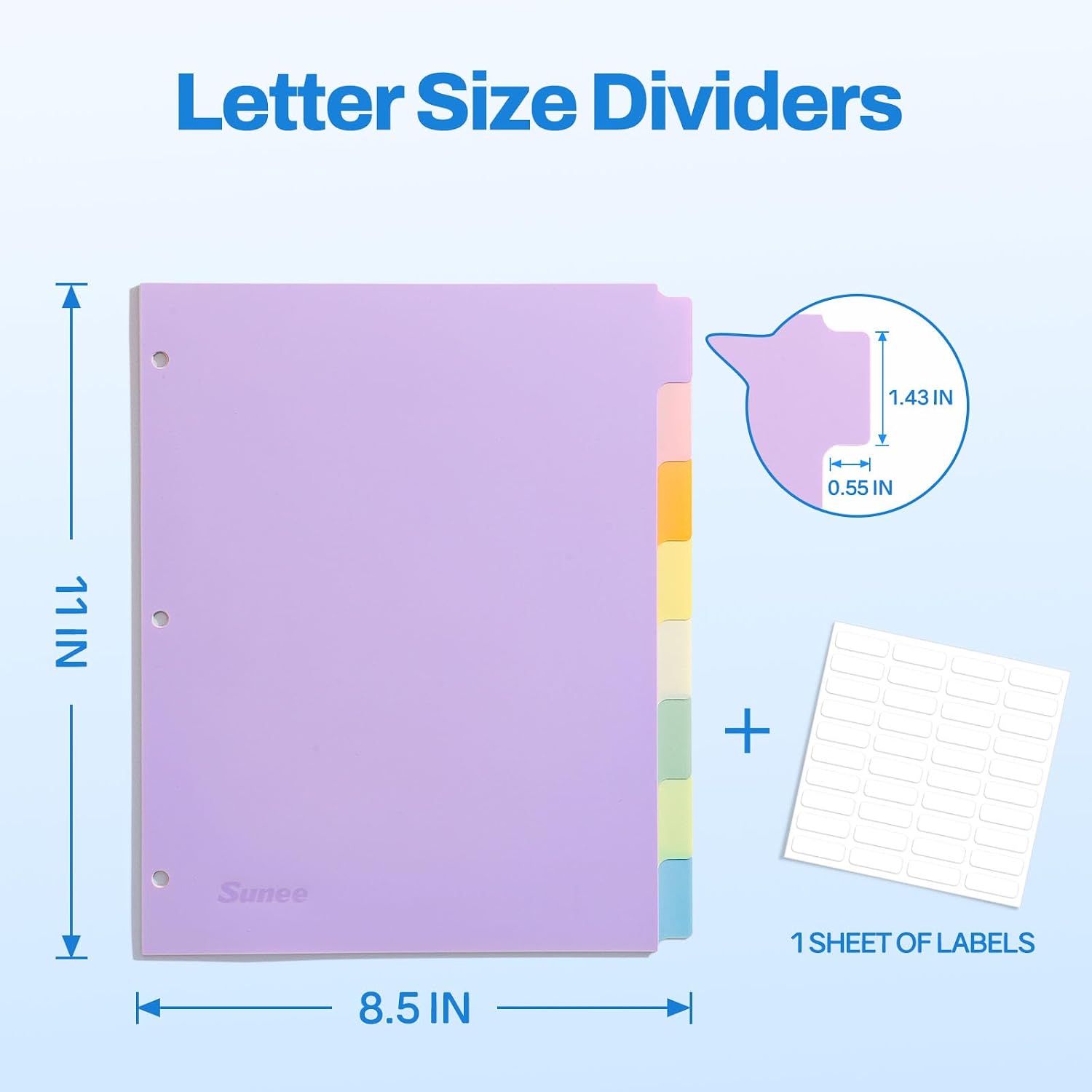 SUNEE 8 Tab Binder Dividers,Plastic Dividers for 3 Ring Binder,3 Ring Binder Dividers with Tabs for School Office Home Supplies,Soft Color, 1 Set