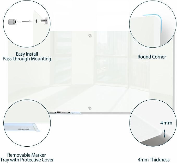J&J worldwide Magnetic Glass Whiteboard 6' x 4', Large Frameless White Boards - Image 2