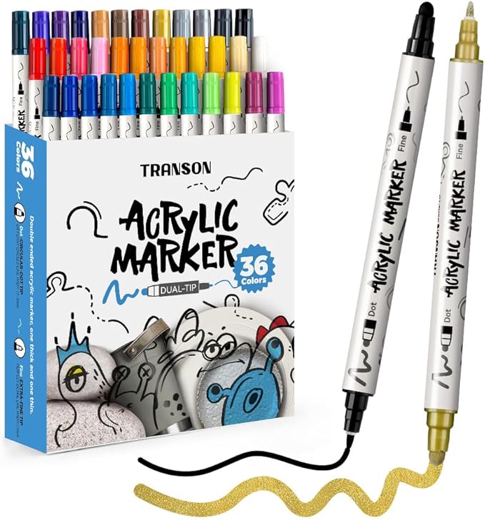 TRANSON 36 Color Bold and Fine Dual-tip Acrylic Paint Pen Set by Transon