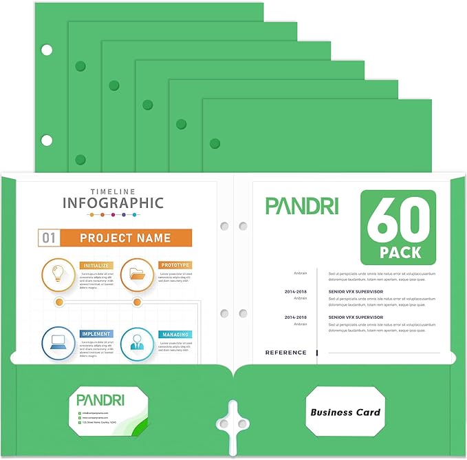 Two Pocket Portfolio Folders, PANDRI 60 Pack 3 Hole Punched 2 Pocket Folders by PANDRI