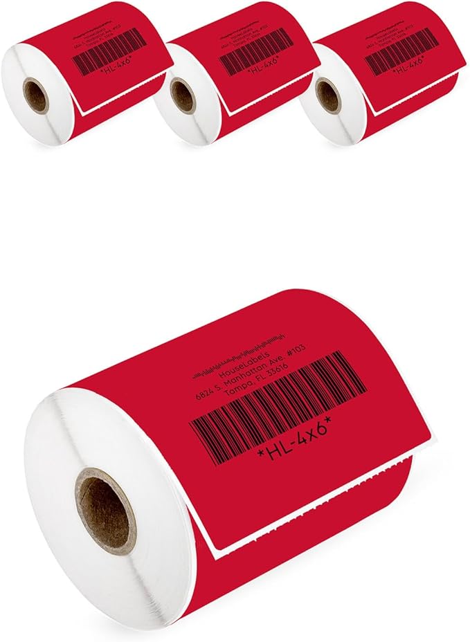 HOUSELABELS 4" x 6" Red Shipping Labels on 1" Core Compatible by HouseLabels