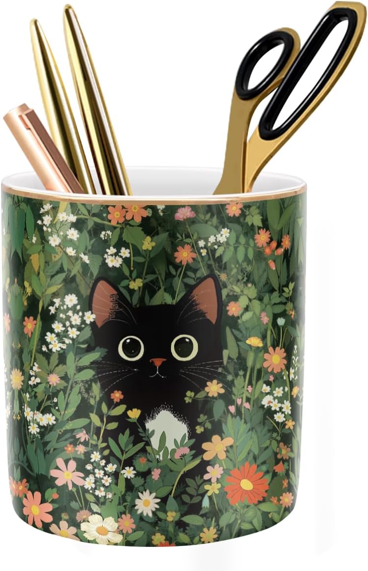 Black Cat Pen Holder for Desk Accessories, Durable Ceramic Pencil Organizer Decor for Room, Office, Classroom, Cat Lover Gifts