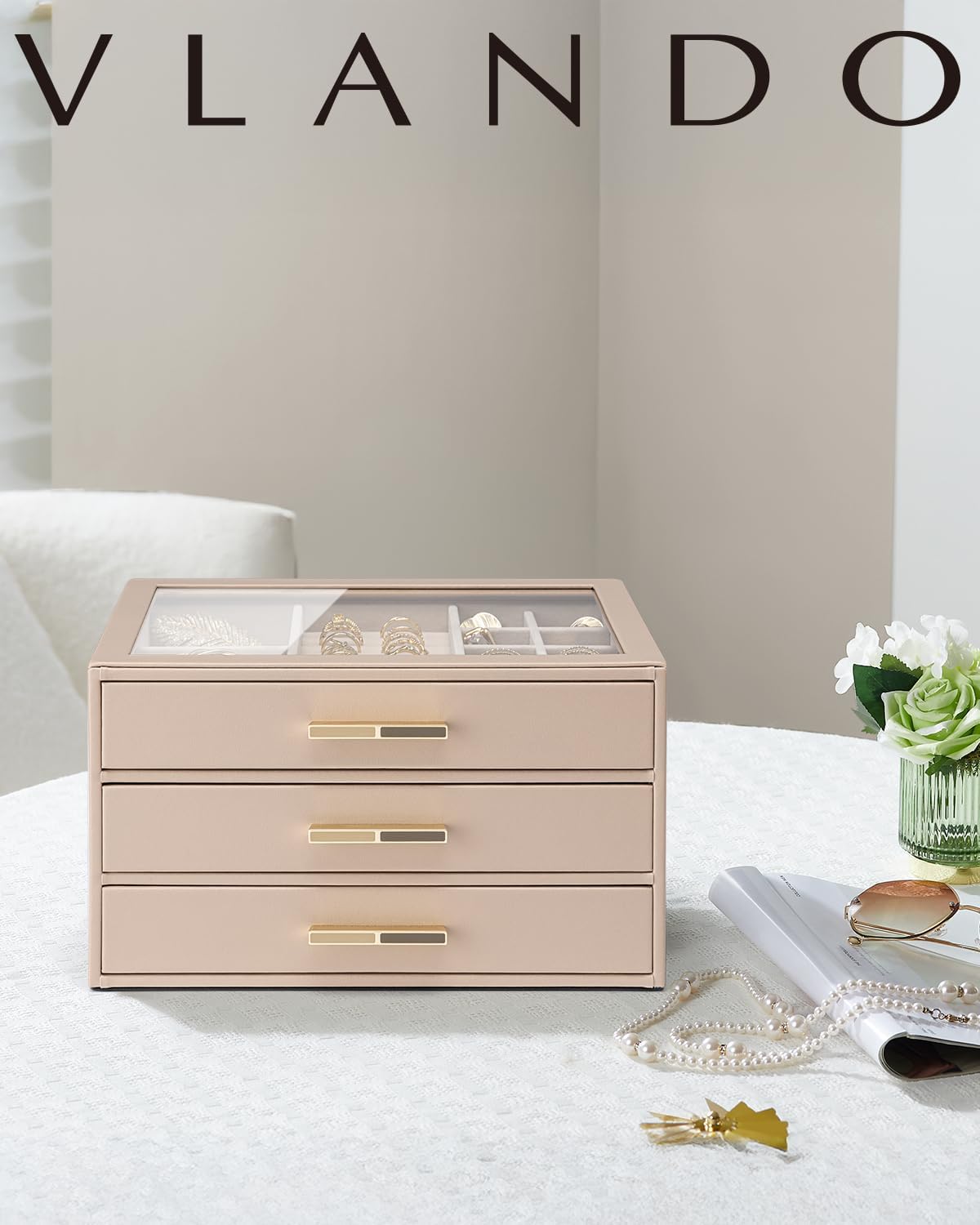 VLANDO Jewelry Box Organizer, 7-Layer Storage Drawers, Glass Window, Modern