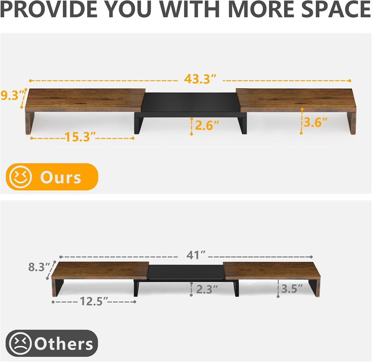 tavr dual monitor stand riser, wooden computer monitor, front angle view