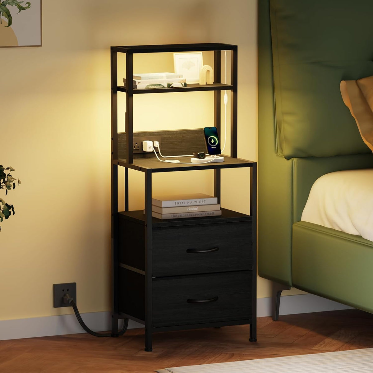 Furnulem Night Stand, Tall Nightstand with 4-Tier Shelves, 2 Fabric Drawers