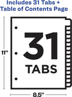 Avery 1-31 Dividers for 3 Ring Binders, 31 Tabs per Set, Customizable Table of Contents, Multicolor Arched Tabs, Great for Organizing Reports, Projects, and More (11846) (Pack of 12)