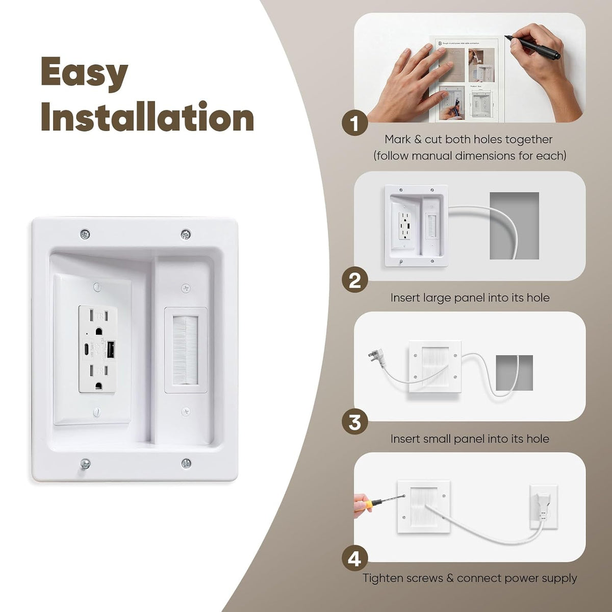 in Wall Cable Management Kit with Brush Wall Plate TV Cable Hider Wall Kit-UL...
