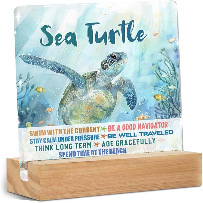 Sea Turtle Decor Desk Acrylic Sign 4x4 inch, Turtle Gifts by ZHAMEN