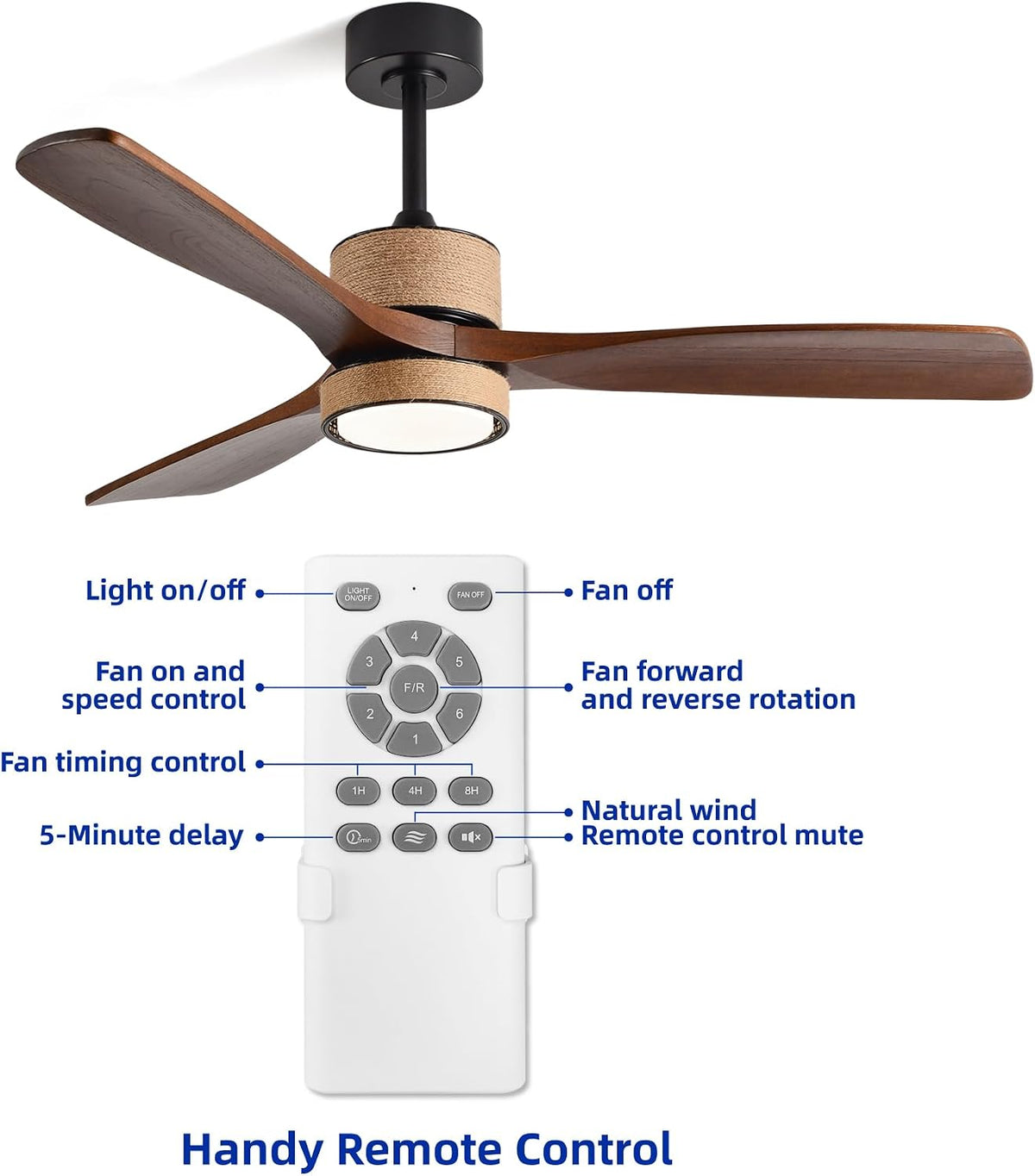 52 inch boho downrod ceiling fan with light, front angle view