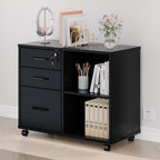 Panana 3 Drawer Office File Cabinets, Mobile Lateral Printer Stand with Open Storage Shelf, Rolling Filing Cabinet with Wheels Home Office Organization and Storage (Black)