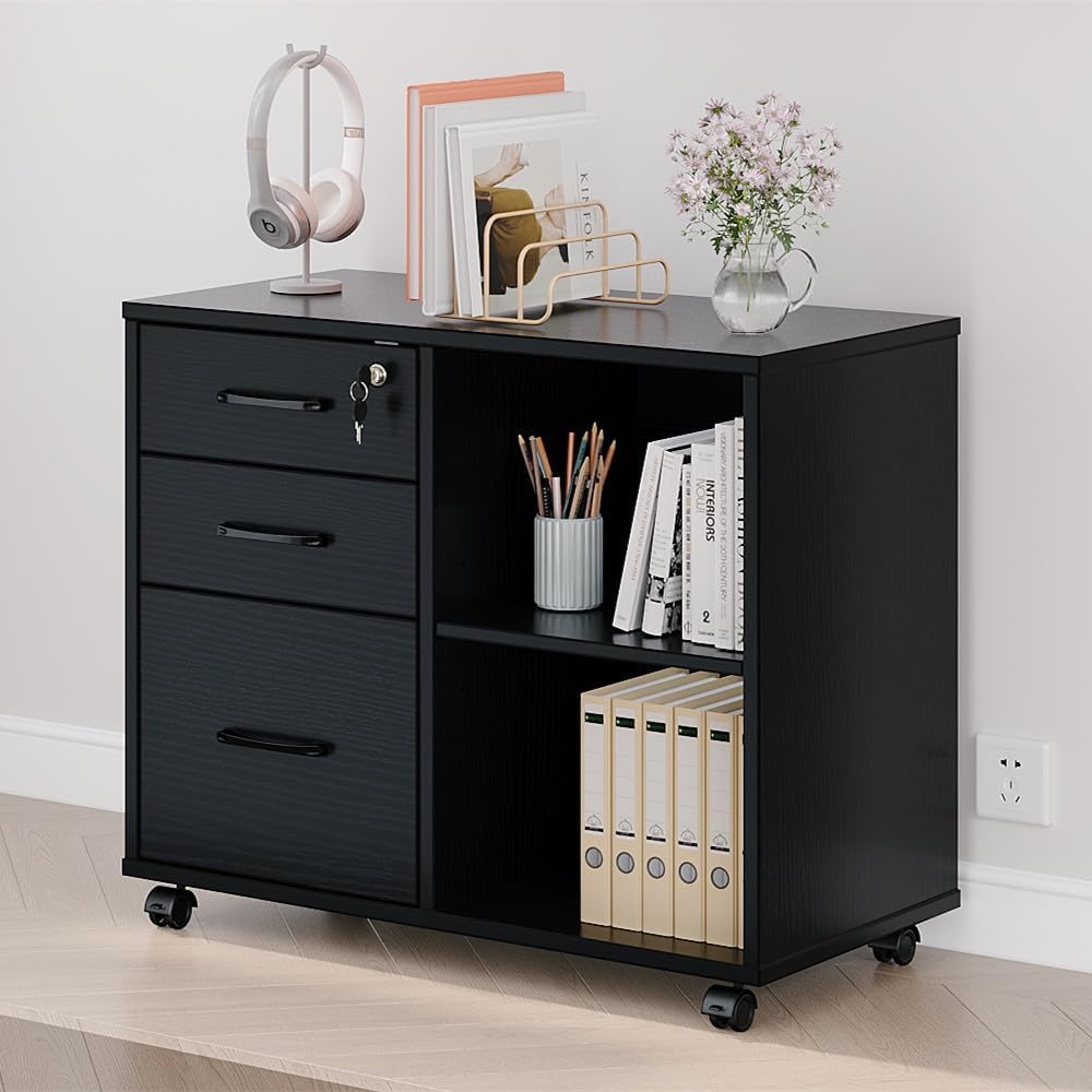 Panana 3 Drawer Office File Cabinets, Mobile Lateral Printer Stand with Open Storage Shelf, Rolling Filing Cabinet with Wheels Home Office Organization and Storage (Black)