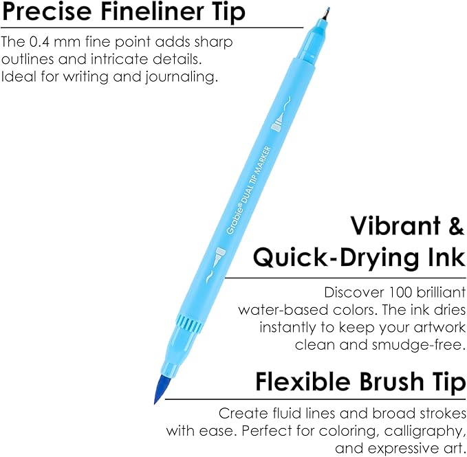 Grabie Dual Tip Water-Based Sketch Marker Set of 100, Fineliner & Brush Drawing - Image 2