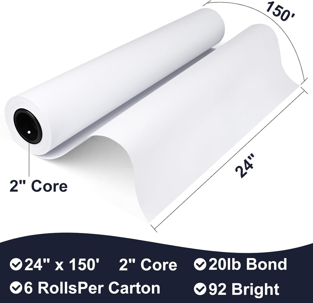 VOISEN Wide Format Paper,6 Rolls Plotter Paper 24 In x 150 Ft, CAD Bond Rolls,20lb,Bond Paper on 2" Core for CAD Printing on Wide Format Ink Jet Printers