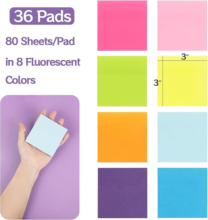 HappyHapi 36-Pads Sticky Notes 3X3 in, 80 Sheets/Pad, 8 Bright Color Self-Stick - Image 2