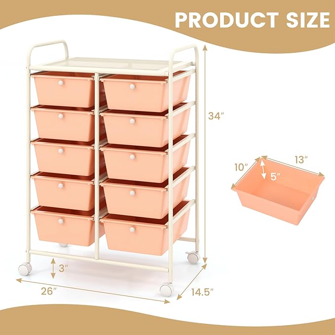 LDAILY 10 Drawer Rolling Cart, Storage Cart Organizer on Wheels, Drawer Cart - Image 3