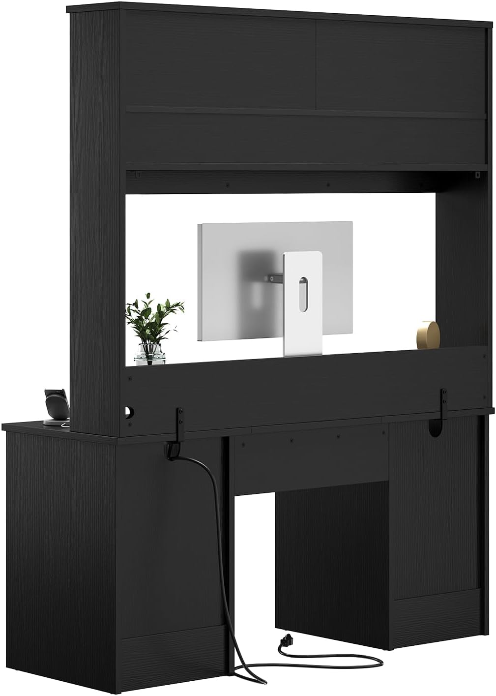 Bestier 77.8" H Computer Desk with Hutch, Charging Station, LED Light,Black