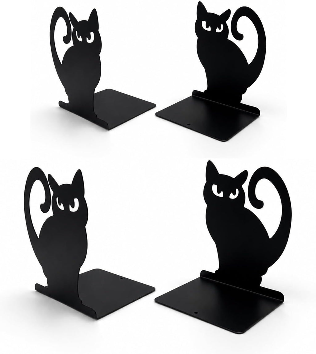 Black Cat Metal Bookends Set of 4 for Shelves, Decorative Book Ends Heavy Duty Non Slip Book Holder for Bookshelf Home Office Desk Decor, Cute Gothic Bookends for Cat Lovers Readers
