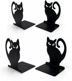 Black Cat Metal Bookends Set of 4 for Shelves, Decorative Book Ends Heavy Duty Non Slip Book Holder for Bookshelf Home Office Desk Decor, Cute Gothic Bookends for Cat Lovers Readers