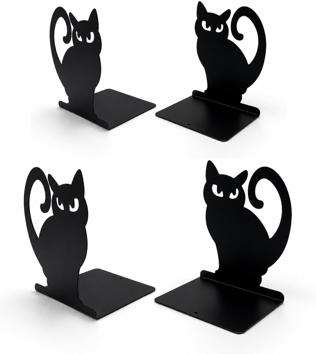 Black Cat Metal Bookends Set of 4 for Shelves, Decorative Book Ends Heavy Duty Non Slip Book Holder for Bookshelf Home Office Desk Decor, Cute Gothic Bookends for Cat Lovers Readers