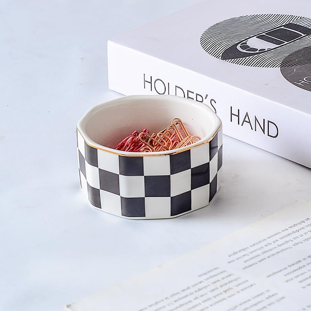 Paper Clip Holder Ceramic Checkered Paper Clip Dispenser for Desk Paper Clip Organizer Office Cute Desktop Decor Binder Clip Holder (Black-01)