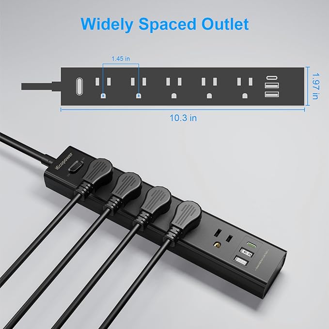Surge Protector Power Strip 15 ft Cord-5 Widely Spaced Outlets 3 USB Ports - Image 5