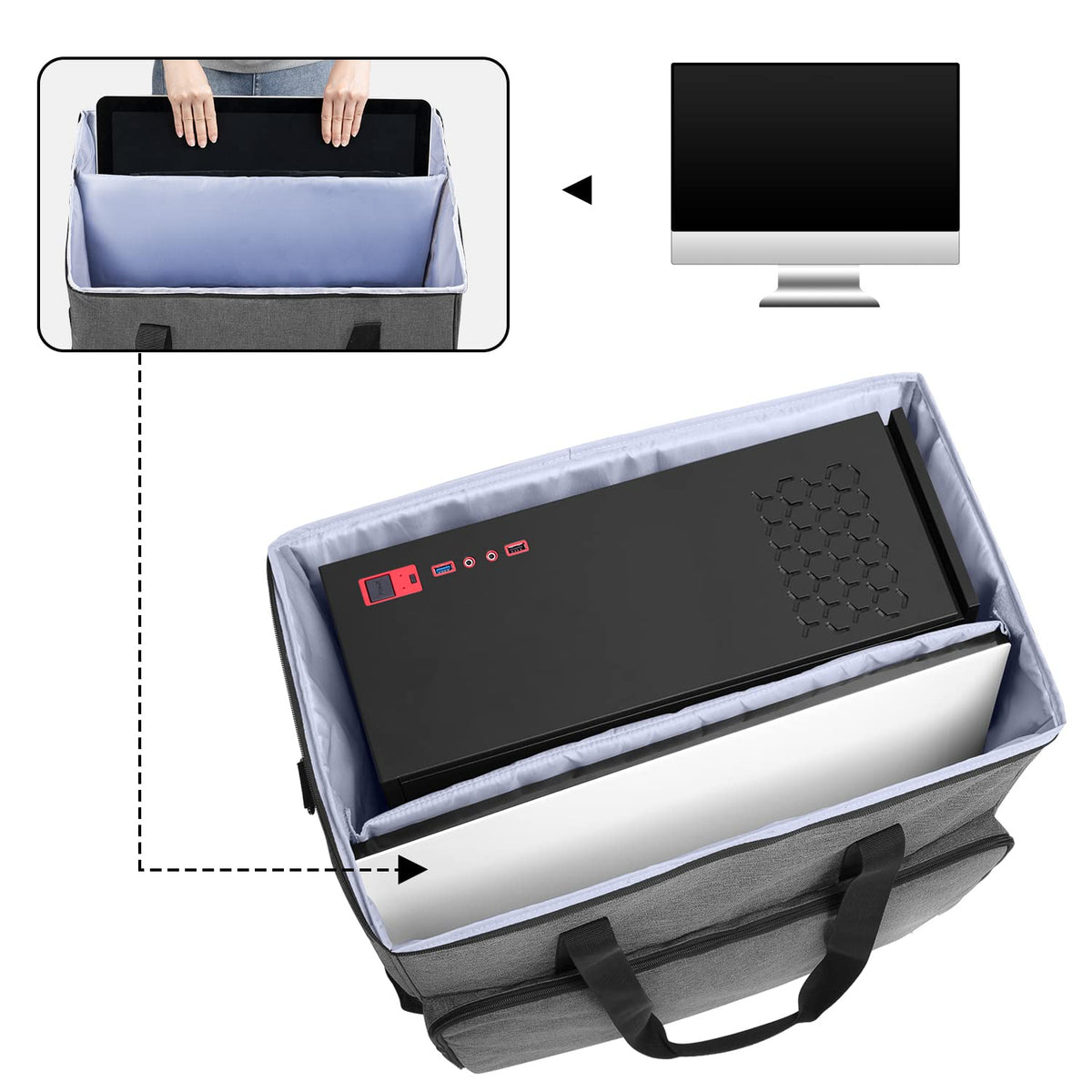CURMIO PC Carrying Case with Inner Divider for Tower and Monitor, Gray
