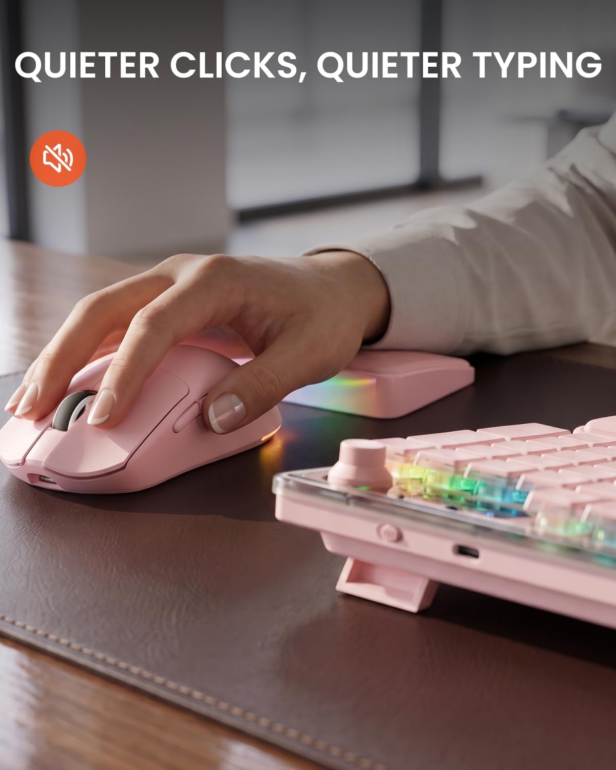 EWEADN V98 Wireless Keyboard and Mouse Combo with Dual Wrist Rest, Pink