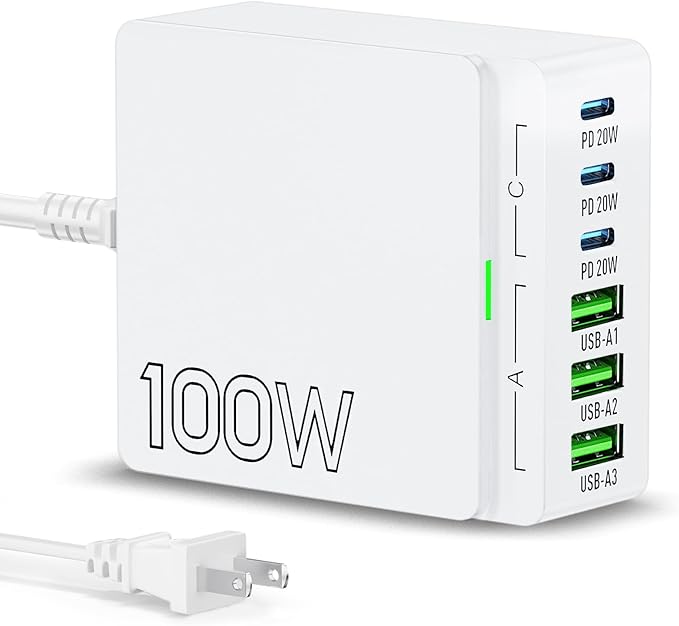 USB C Charger Block Charging Station: 100W 6 Port GaN Fast Charging Brick Hub by Gakezi