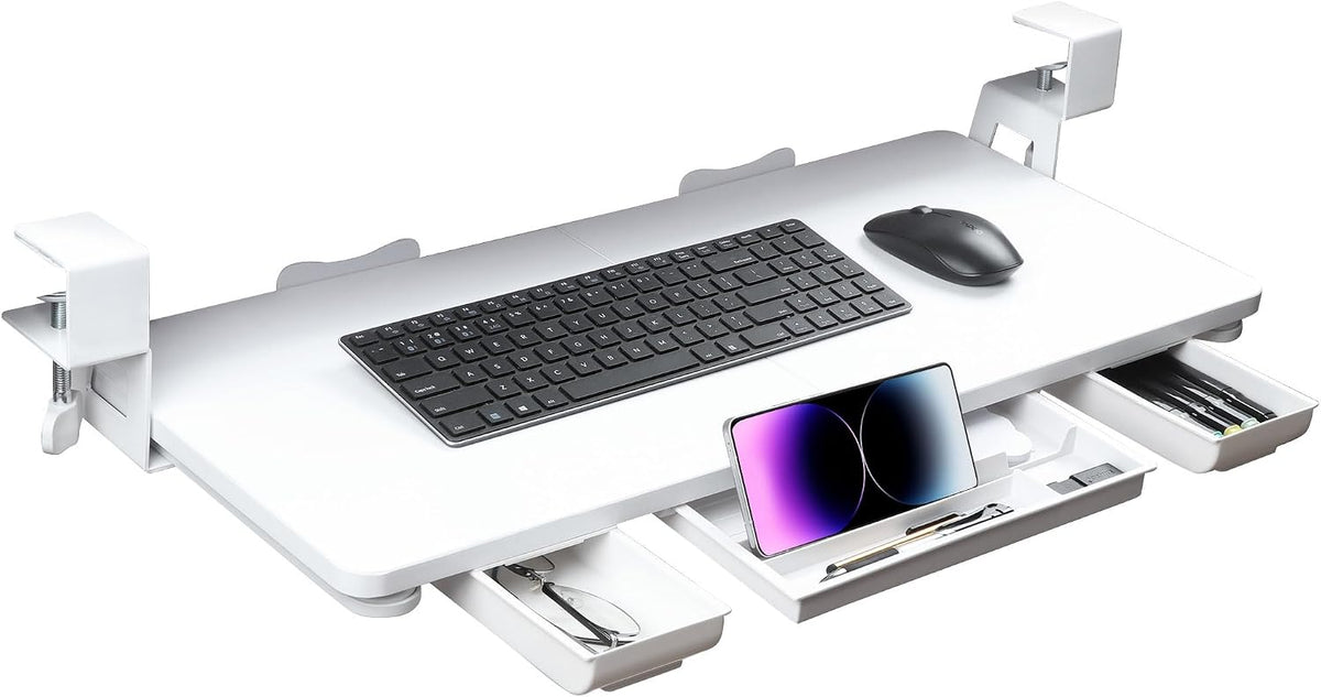 Keyboard Tray Under Desk with Drawer, White, 26.77" X 11.81"