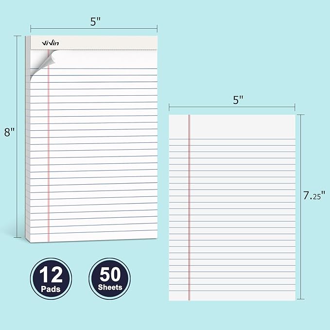 ViVin 5 x 8 Inch Legal Pads, 12 Pack, Narrow Ruled, 50 Sheets Per Writing Pad - Image 2