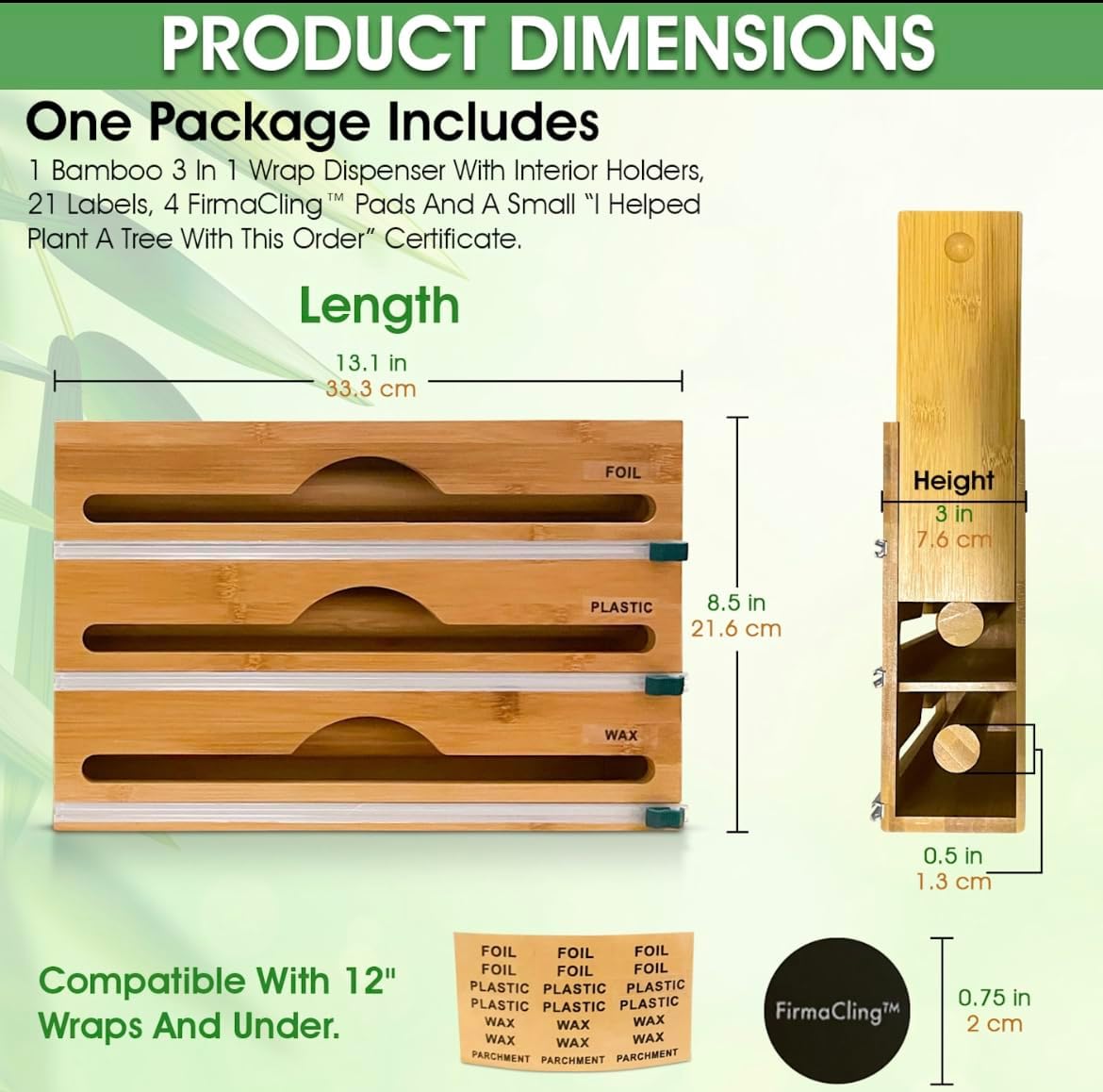 3-in-1 Bamboo Wrap Organizer with Cutters, Labels, Interior Holders, Anti-Sli...