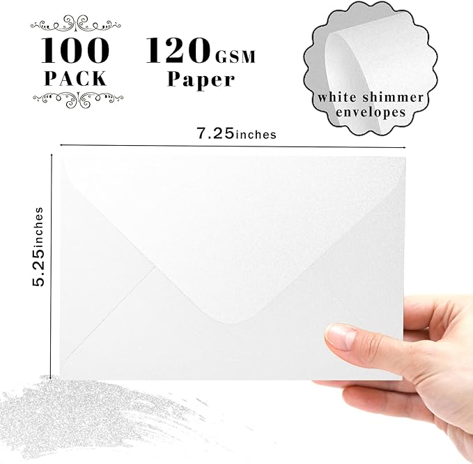 Shimmer Shiny White Envelopes 5.25 x 7.25 inches 100 PCS, Goefun A7 Euro V Flap - Image 2