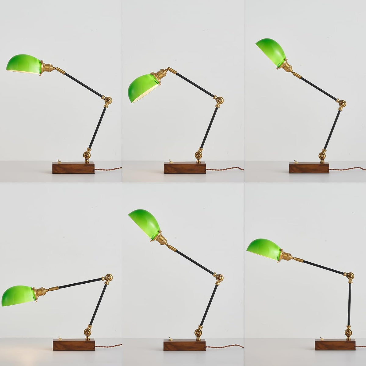 Vintage Green Glass Solid Wood BLack Gold Adjustable Swing Arm Desk Lamp