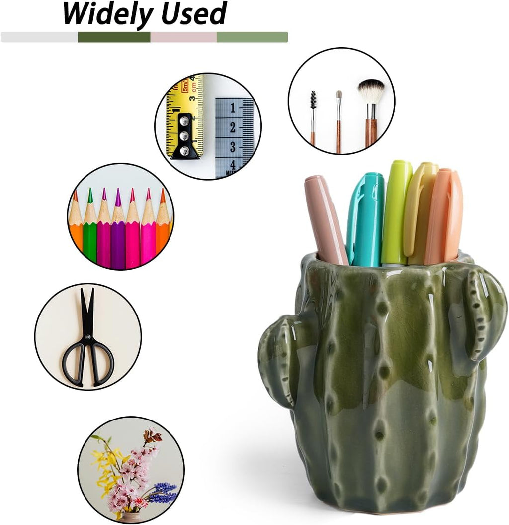 Cactus Ceramic Pencil Holder for Desk, Cute Western Office Decor | Stable Organizer for Pen, Makeup Brush & Toothbrush, Lovely Decor for Bathroom, School or Home Desk, Ideal Gift Choice