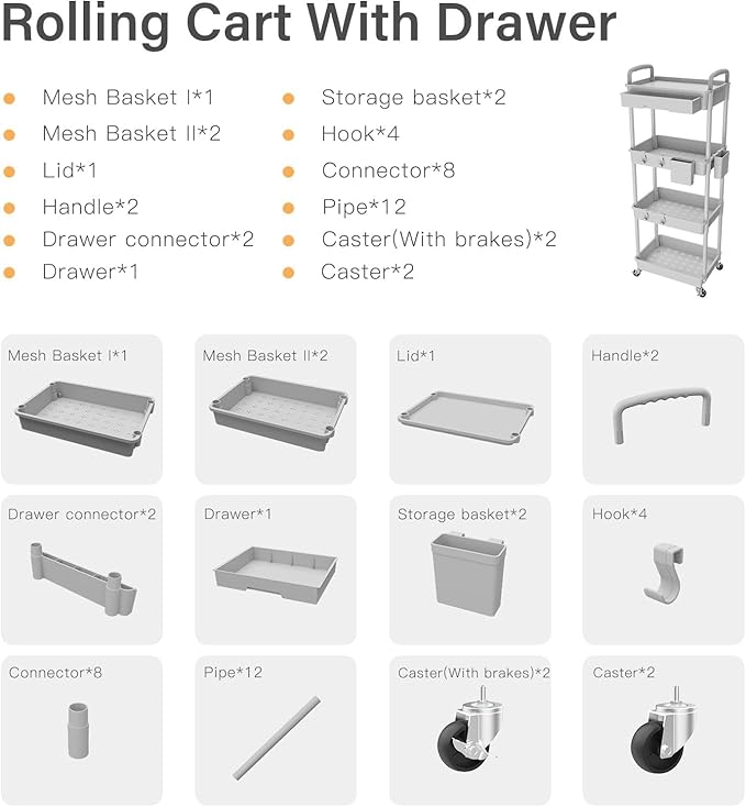 Sorgion 4 Tier Rolling Cart Organizer, Art Craft Diaper Bedside Snack Laundry - Image 7