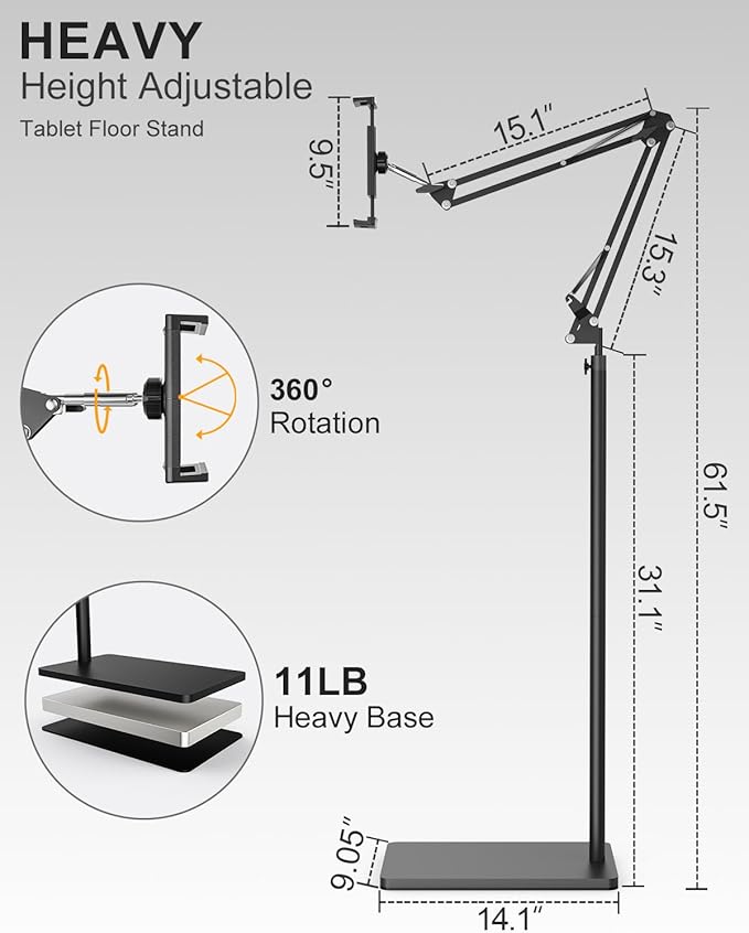 mmcrz Tablet Floor Stand with 11lb Stable Base & Desk Clamp, Adjustable Height - Image 4