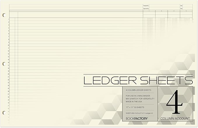 BookFactory Ledger Sheets/Large 4 Column Accounting Ledger Columnar Loose Leaf by BookFactory