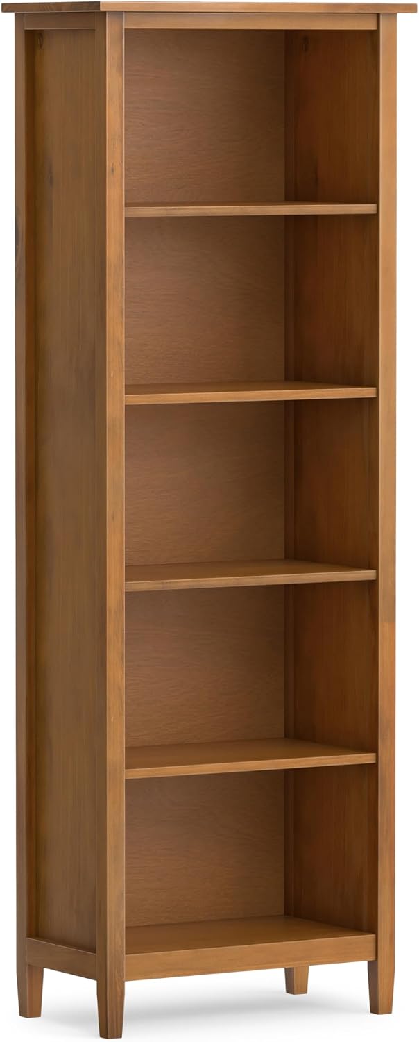 SIMPLIHOME Warm Shaker 72" Tall Solid Wood 5-Shelf Bookcase in Brown