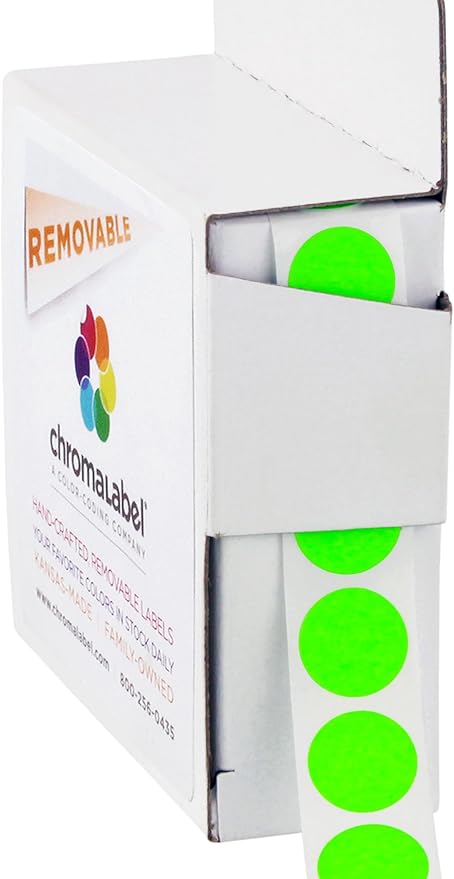 ChromaLabel Brand Fluorescent Green 1/2" Round Removable Stickers by ChromaLabel