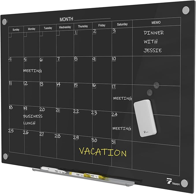TOWON 47 x 35 Inch Glass Dry Erase Board Reminder, Magnetic Whiteboard Calendar by TOWON
